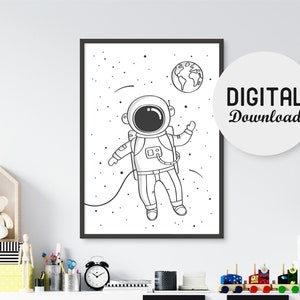 Impresión de arte de la pared del astronauta, vivero del espacio, espacio de guardería imprimible, descarga digital imprimible, vivero temático del espacio, decoración del espacio exterior, estrellas