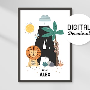 Impresión inicial de guardería, impresión personalizada del nombre del niño, animales de la selva de safari, impresión personalizada para niños, impresión del alfabeto, impresión de monograma, nombre del niño