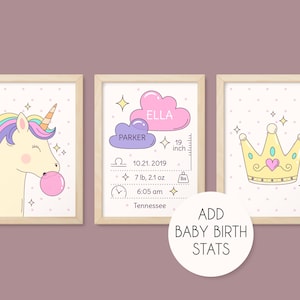 Birth Announcement, Personalized Baby Gift, Birth Print, Baby Girl, Set of 3 Unicorn Print, Nursery Girl Decor Birth Notice Baby Shower Gift