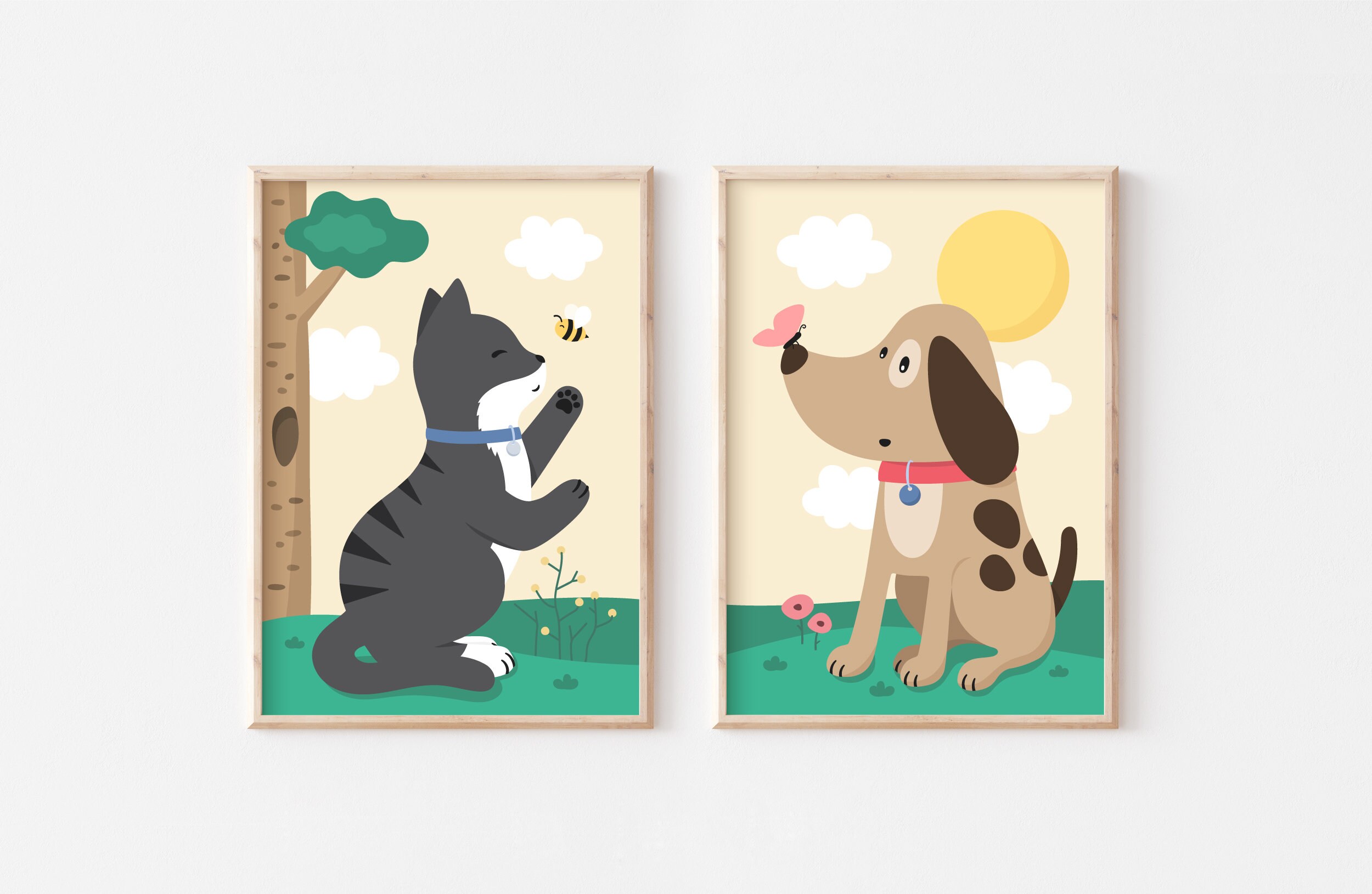 Cat and Dog Prints, Set of 2 Nursery Prints, Cat Wall Art, Animal