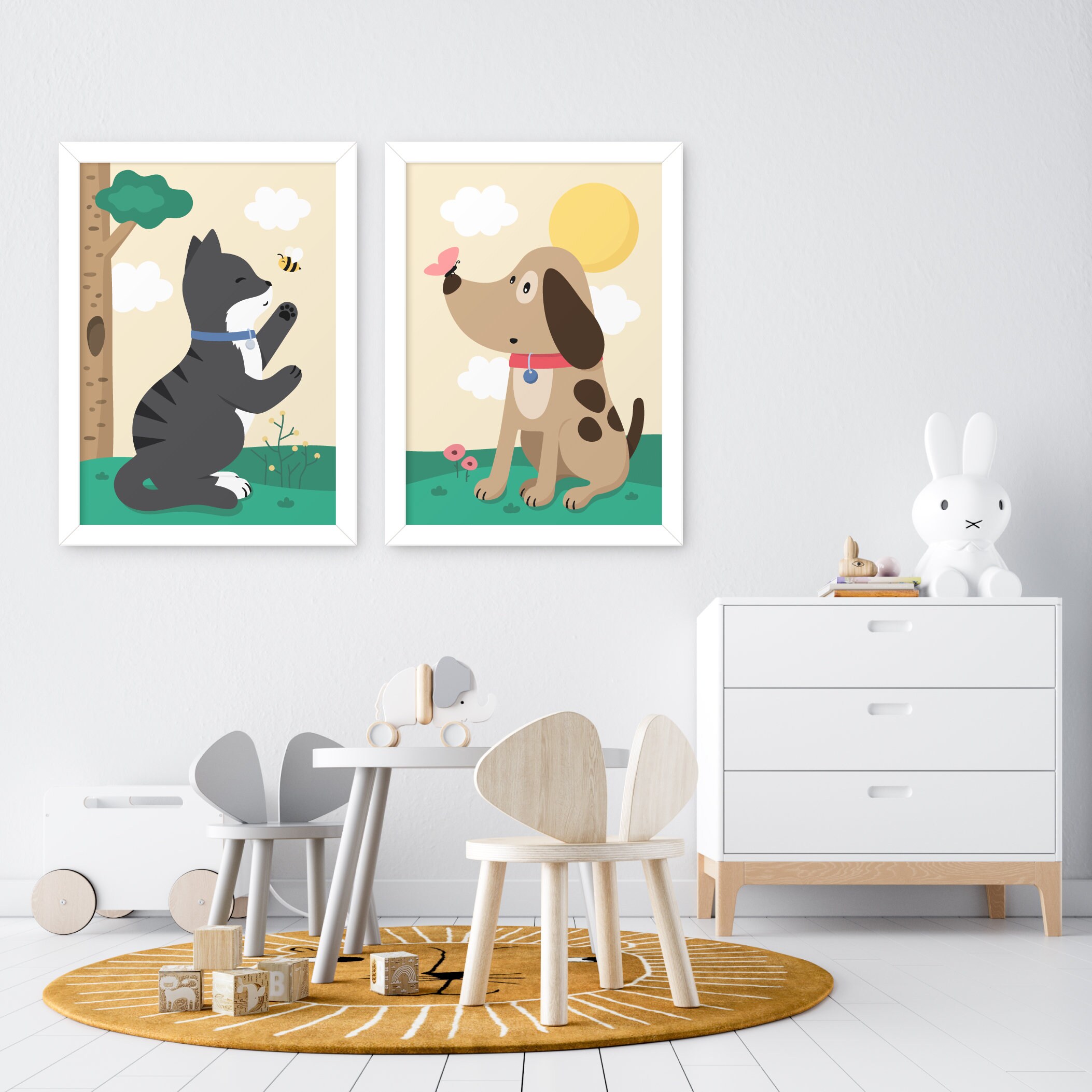 Cat and Dog Prints, Set of 2 Nursery Prints, Cat Wall Art, Animal