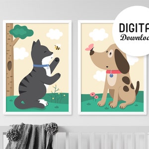 Cat and Dog Prints, Cat Wall Art, Animal Nursery Art, Cat Lovers, Dog Picture, Kitten Print, Pet Nursery Posters, Cute Animal Prints, Kids