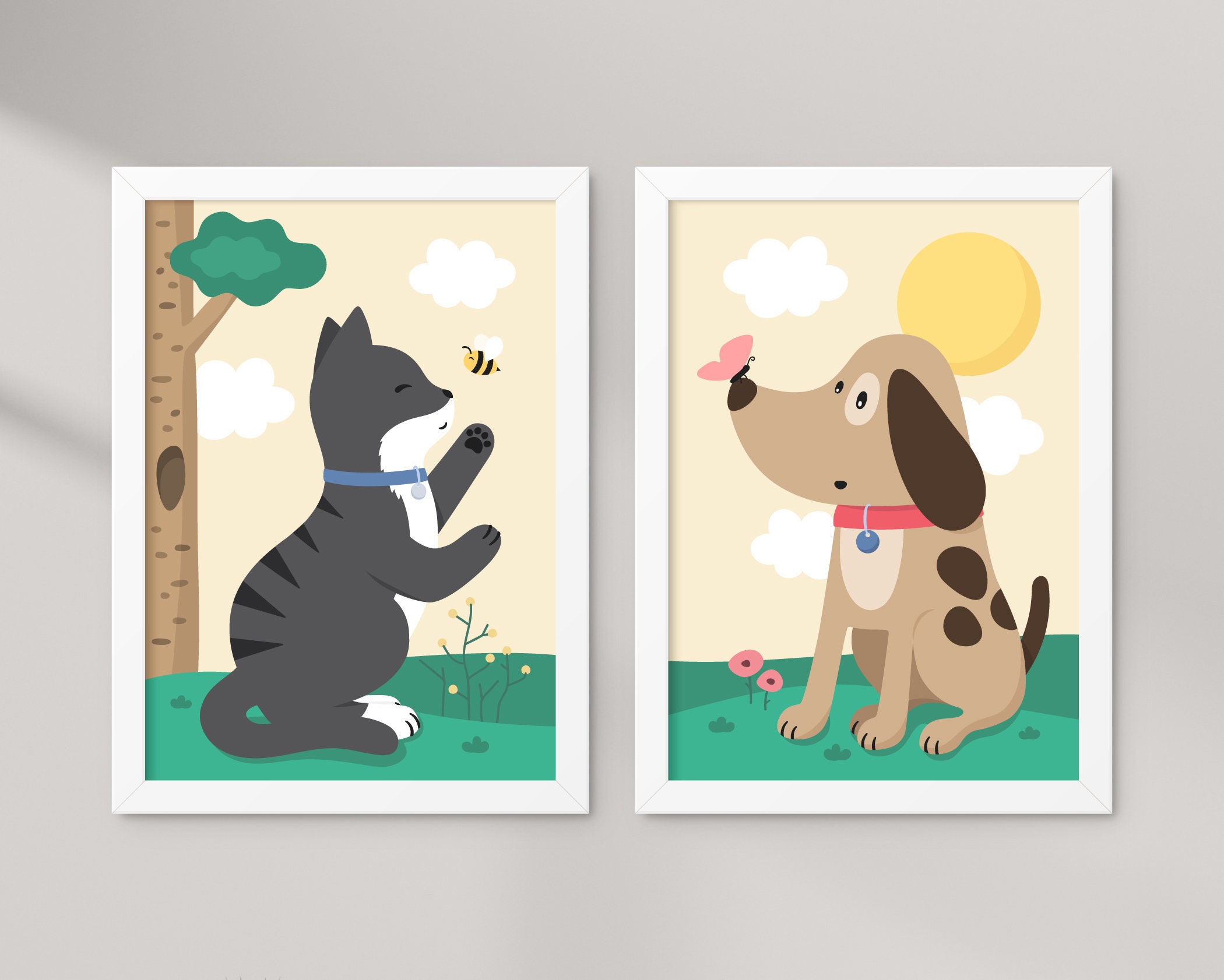 Cat and Dog Prints, Set of 2 Nursery Prints, Cat Wall Art, Animal