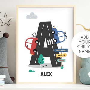 Impresión inicial personalizada, impresión del alfabeto de la carretera del coche, impresión personalizada de la guardería, impresión del monograma, impresión del nombre del niño del bebé, arte de la pared del vehículo, carta