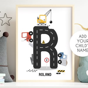 Impresión inicial de la guardería, camiones de construcción, nombre personalizado del niño, decoración de la pared de los coches del niño, impresión personalizada del niño, alfabeto de la carretera de los coches, impresión del monograma