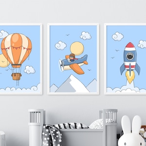 Set of 3 Nursery Prints, Transportation, Nursery Plane, Hot Air Balloon Wall Art, Rocket Poster, Kid Wall Decor, Adventure Print, Baby Decor