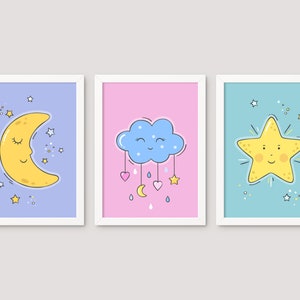 Set of 3 Moon Cloud Star Prints, Nursery Wall Art, Kids Bedroom, Nursery Prints, Baby Prints, Kids Room Wall Decor, Sky Nursery Decor, Child