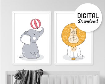 Safari Nursery Decor, Circus Animals Art Print, Elephant Poster, Lion Picture, Printable Instant Digital Download, Kids Room Art, Boys Room