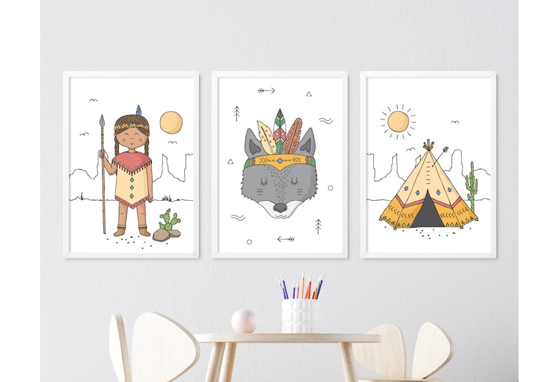 Teepee Little Indian Girl Indian Posters Wolf Indians Nursery Prints Set of 3 Prints Adventure Prints Wall Art Girls Boys Room Decor