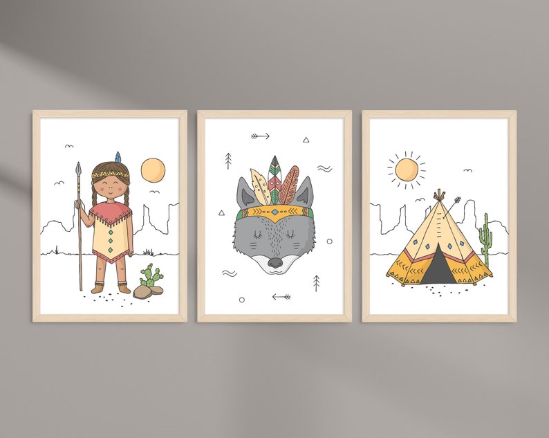 Teepee Little Indian Girl Indian Posters Wolf Indians Nursery Prints Set of 3 Prints Adventure Prints Wall Art Girls Boys Room Decor