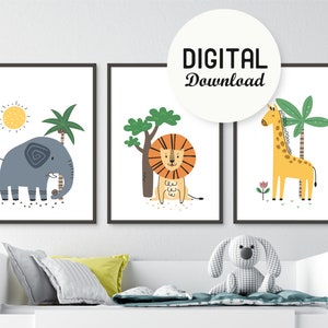 Set von 3 Safari Tier Drucke, Löwe, Giraffe, Zebra Drucke, Zoo Tier Kindergarten, Kind Zimmer Dekor, Kindergarten bedruckbar, Zoo Kindergarten Druck, Dschungel