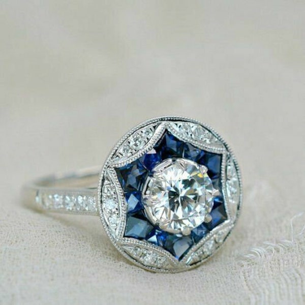 Art Deco Sapphire & Diamond Star Design Ring, Edwardian Engagement Ring, Vintage Inspire Wedding Ring, Old European Antique Vintage Ring