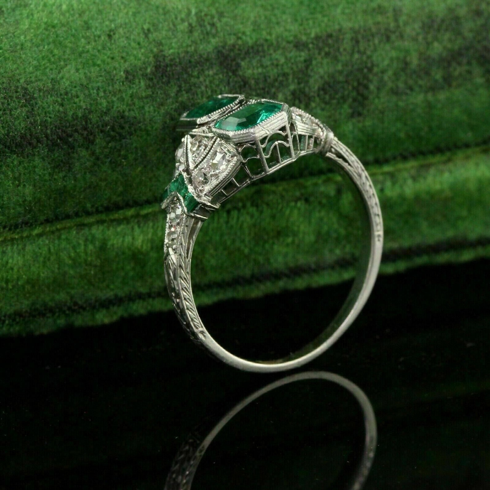 Vintage Green Emerald Diamond Engagement Ring, Statement Ring for Women ...
