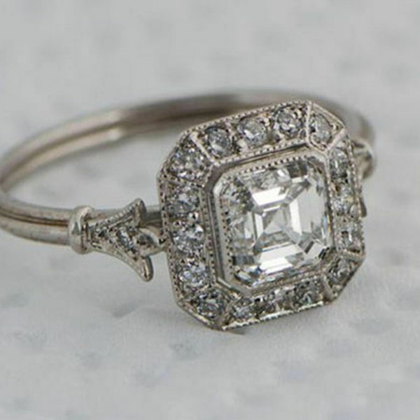 1930s Art Deco Asscher Cut Diamond Ring, Octagon Shape Halo Engagement Ring, Women's Edwardian Ring, Vintage Ring, Handmade Gift Jewelry