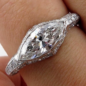 Vintage Marquise Cut Diamond Ring, Bezel Set Engagement Ring, Woman&#39;s Milgrain Wedding Ring, Antique Art Deco Engagement Ring, Handmade Ring