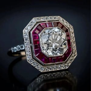 Antique Art Deco Old European Diamond Ring, Halo Ruby Engagement Vintage Ring, Art Deco Inspired Ring, Antique Vintage Ring, Handmade Ring