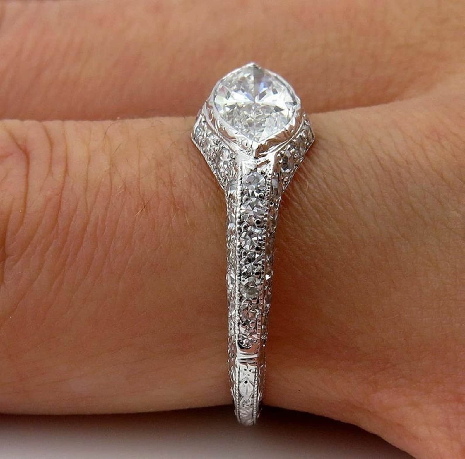 Marquise Cut Diamond Engagement Ring/ Bezel Set Milgrain Art | Etsy