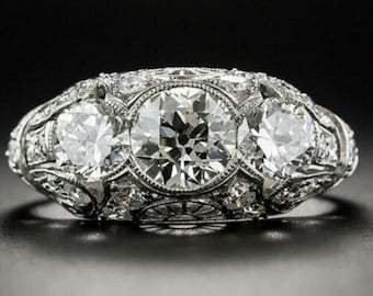 1930s Vintage Old European Cut Diamond Ring, Art Deco Three Stone Engagement Ring, Edwardian Filigree Engagement Ring, Handmade Ring For Her