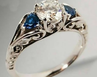 1930s Round Diamond Filigree Vintage Ring, Three Stone Sapphire Diamond Wedding Ring, Antique Victorian Edwardian Ring, Handmade Ring