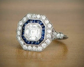Art Deco Asscher Cut Diamond Ring, Blue Sapphire Halo Engagement Ring,Edwardian Antique Style Ring,Antique Anniversary Vintage Handmade Ring