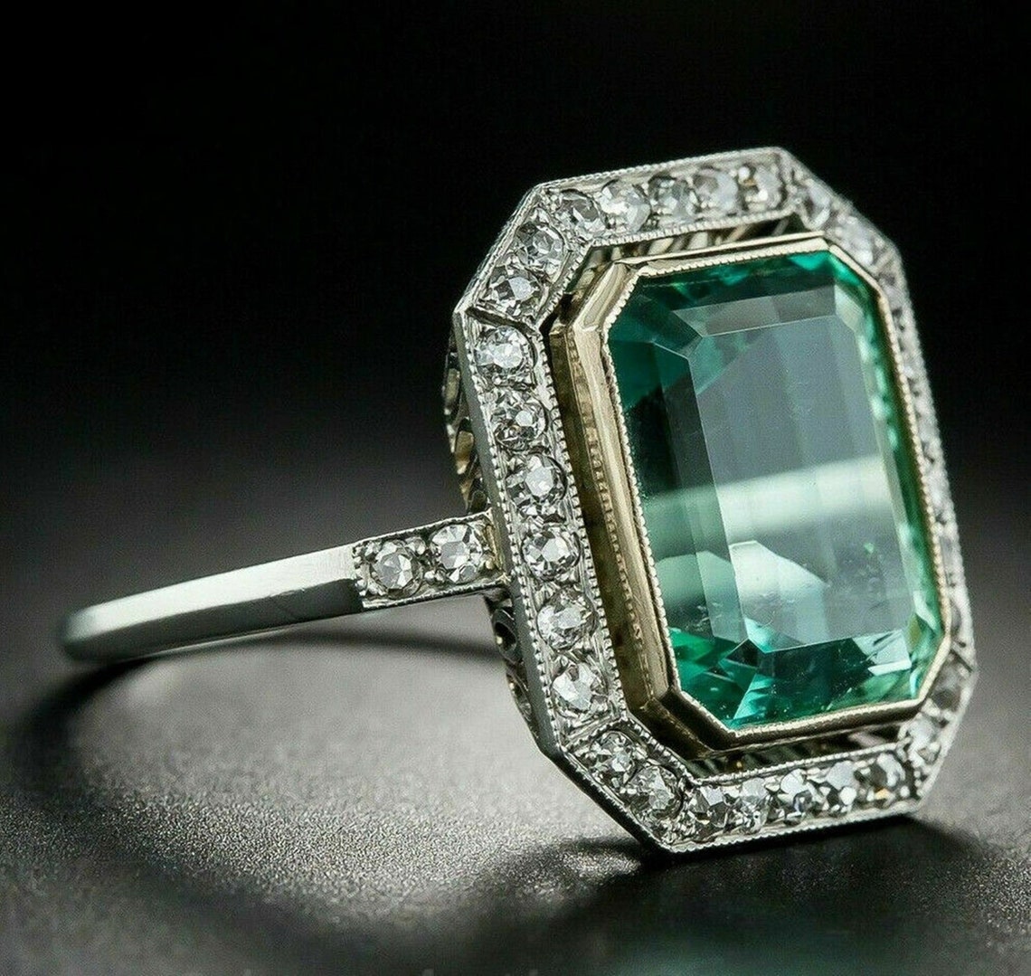 Antique Art Deco Engagement Ring, Green Sapphire Emerald Cut Diamond ...