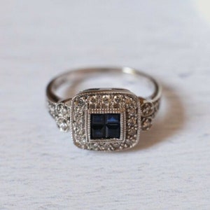 Princess Cut Diamond Quad Style Halo Ring, Milgrain Engagement Bride Ring, Blue Sapphire & Diamond Wedding Ring, Art Deco Engagement Ring
