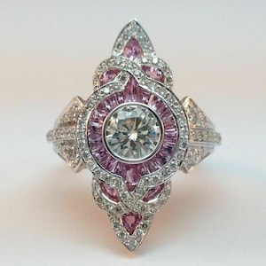 Art Deco Pink Sapphire Diamond Engagement Ring, Victorian Vintage Ring, Art Deco Unique Collection Ring, Handmade Style Anniversary Gift