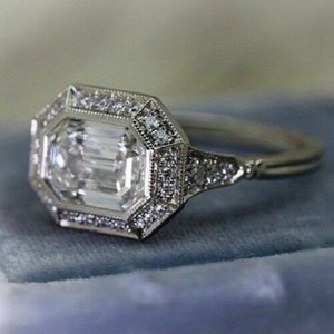 Brilliant Emerald Cut Diamond Ring, Art Deco Engagement Diamond Ring, Halo Diamond Wedding Ring, Past Present Future Ring, Woman's Gift Ring