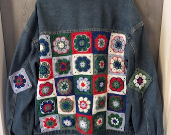 Customization of a denim jacket on request - Granny squares / crochet squares