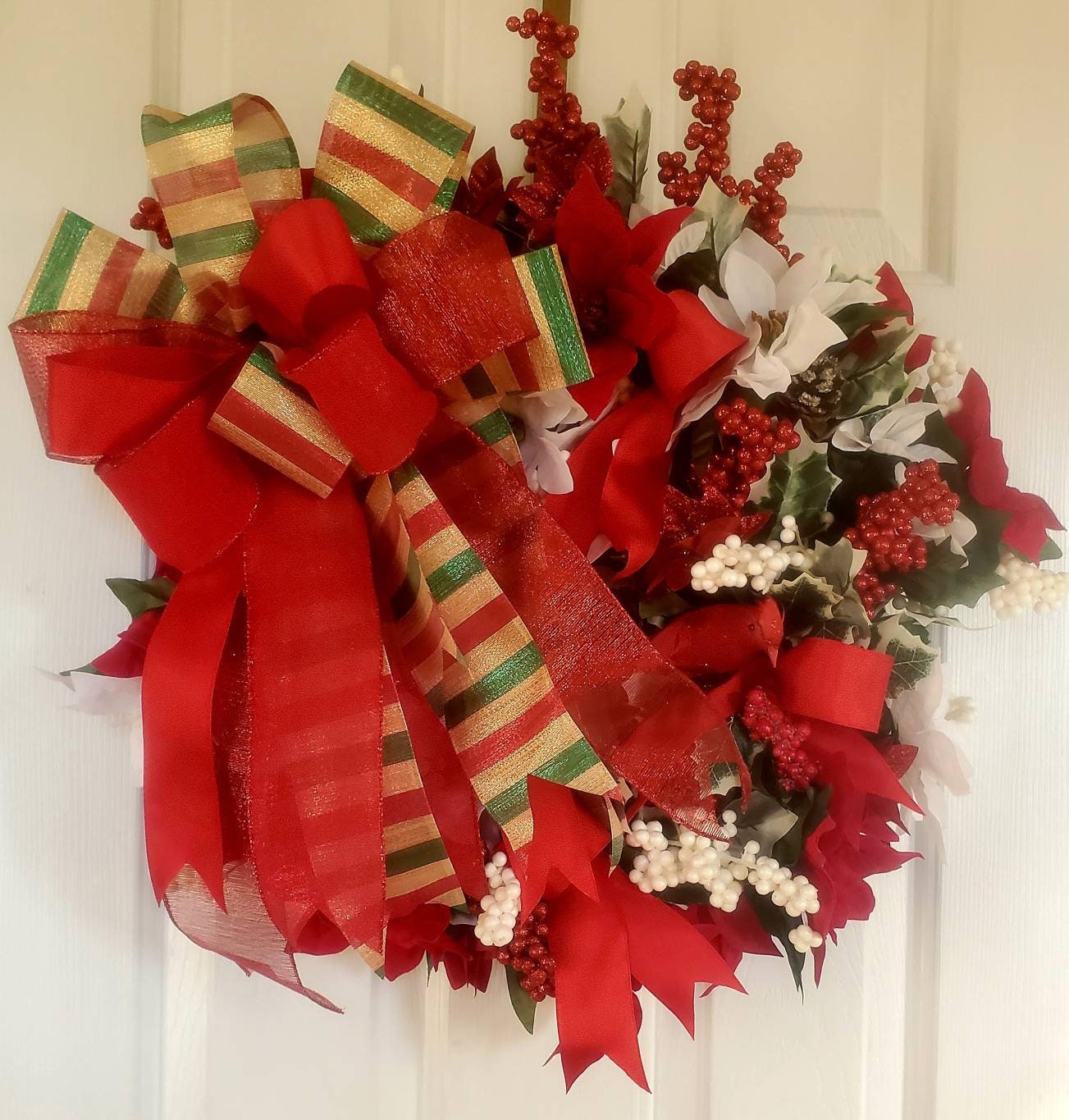 Christmas Red and White Poinsettia Wreath/ Red and Green Striped Bow ...