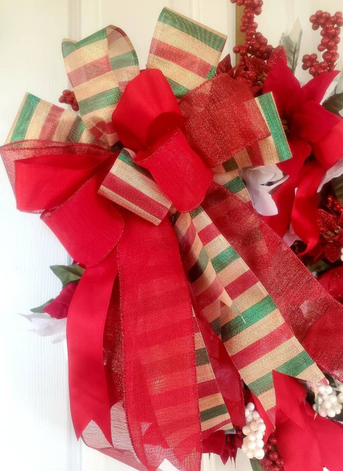 Christmas Red and White Poinsettia Wreath/ Red and Green Striped Bow ...