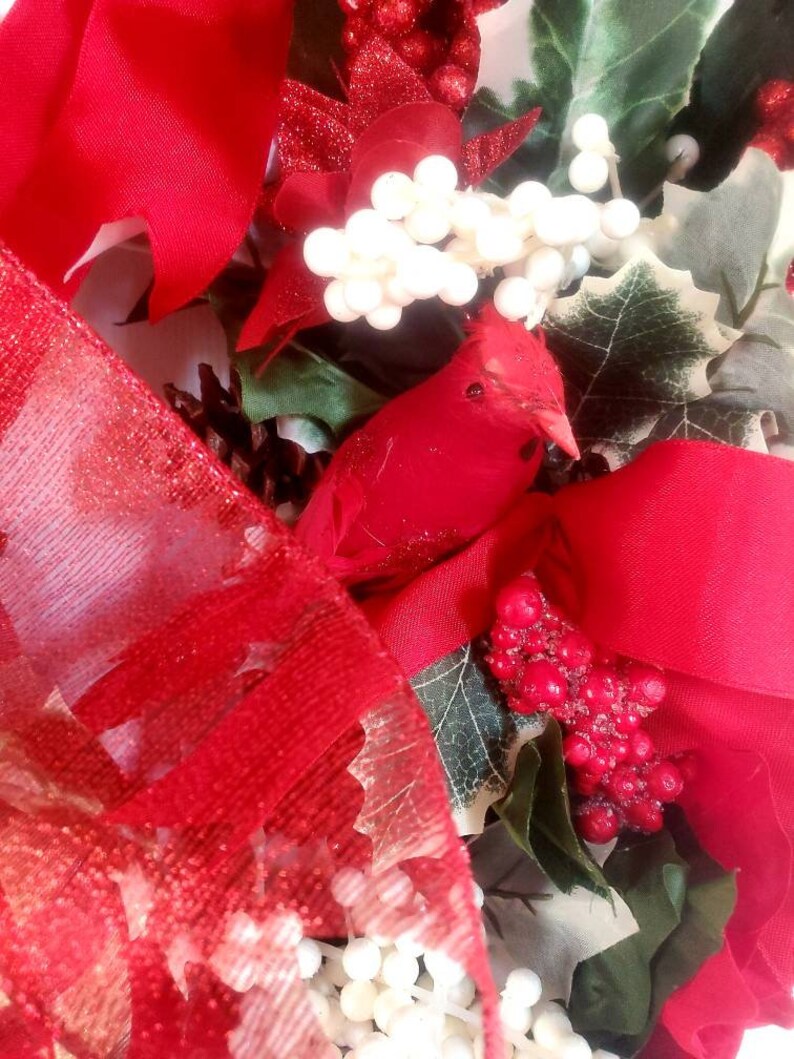 Christmas Red and White Poinsettia Wreath/ Red and Green Striped Bow ...