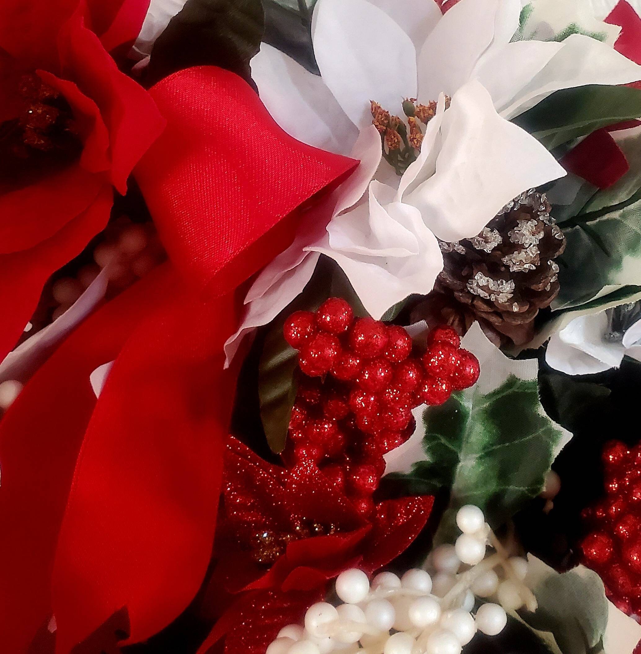 Christmas Red and White Poinsettia Wreath/ Red and Green Striped Bow ...