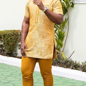 Gold African Men&#39;s Clothing, Cotton Shirt Pants, Nigerian Wedding Groom Guests Groomsmen Suit, Birthday Party Wear Dashiki Buba Sokoto