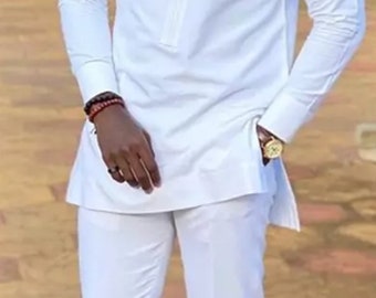 Men's Clothing White Shirt and Pants, Ready To Wear Fashion, African wedding, Dashiki men Suit, Birthday Wedding Guest All White Party