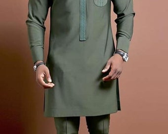 Handmade African Dashiki Set, Army Green Shirt and Pant, Wedding Groom Suit