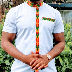 Kaftan African Men Shirt White Kente| Dashiki Mens Shirt| Family Outfit African Print| African Casual Wear| African Party Wear|