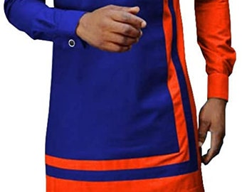 May include: A two-piece outfit featuring a long-sleeved tunic and matching pants. The tunic is primarily blue with orange accents on the sleeves and sides. The pants are a solid blue color. The tunic has a mandarin collar and a small zipper.