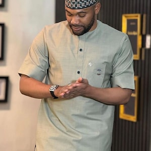 Brown African Men&#39;s Outfit, Cotton Shirt Matching Pants, Wedding Groomsmen Grooms Suit, Men&#39;s Fashion Kaftan Party Wear, Dashiki men suit