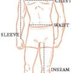 May include: An illustration of a human figure with dotted lines indicating measurement points for neck, chest, waist, sleeve, and inseam. The figure is drawn in a simple, anatomical style, with labels for each measurement area.