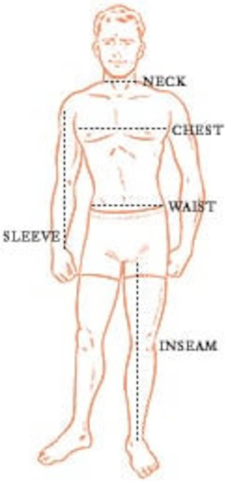 May include: An illustration of a human figure with dotted lines indicating measurement points for neck, chest, waist, sleeve, and inseam. The figure is drawn in a simple, anatomical style, with labels for each measurement area.