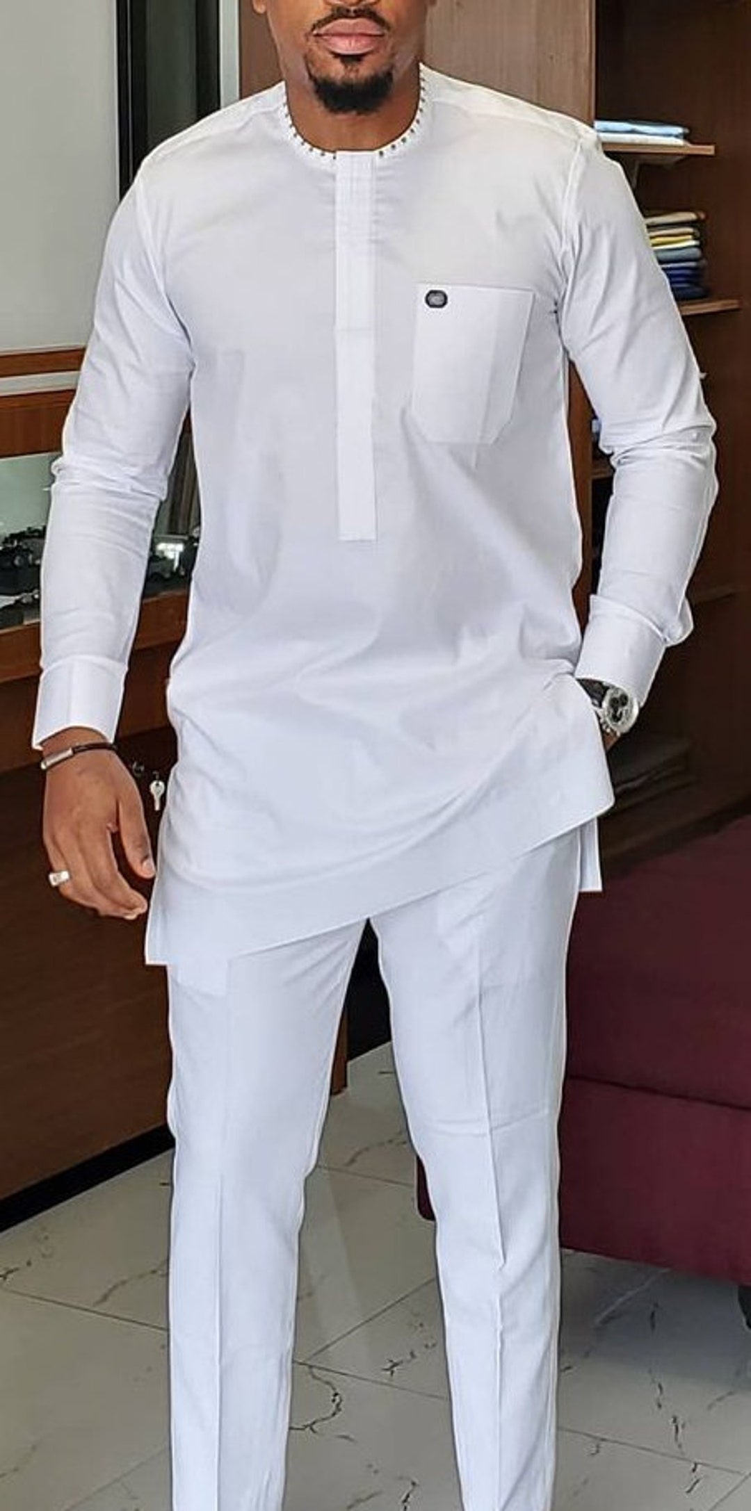 African Men Clothing Kaftan African Men Shirt and Down White