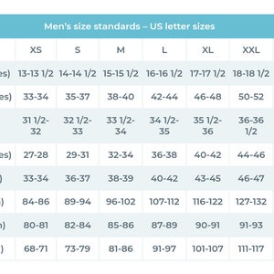 May include: A size chart for men's clothing, displaying US letter sizes from XS to XXXL. Measurements are provided in inches for neck, chest, sleeve, and waist. Corresponding measurements in centimeters are also included for each size.