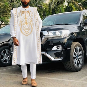 White AGBADA, AGBADA for men, African AGBADA, African wedding suit, Groomsmen suit, Groom&#39;s suit, African 3 pieces suit, men&#39;s clothing, dhl