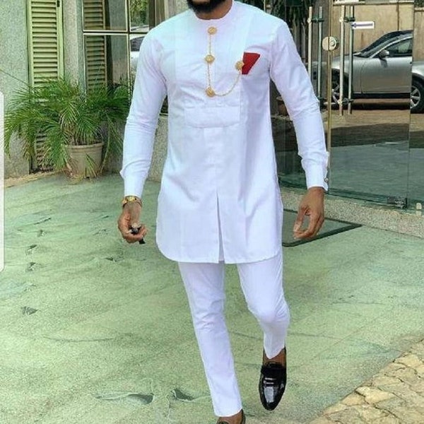 Terno masculino africano branco, conjunto de camisa e calça Dashiki feito à mão