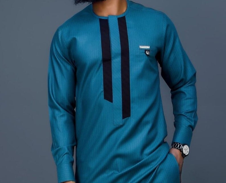 Green African Men's Kaftan Shirt & Pants Set: Handmade Dashiki