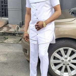 African Men Attire | Men Clothing| Kaftan African Men Top and Pant White | Dashiki Mens Suit| Prom&#39;s Suit | African Men&#39;s Clothing| DHL