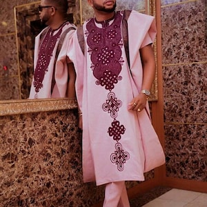 Men&#39;s Authentic Agbada, African Wedding Groom Suit, 3 Piece