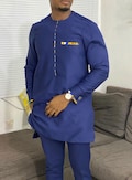Blue African Dashiki with Kente Flap Design | Handmade African Shirt and Pant for Men product logo