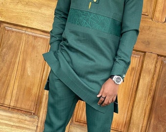 Costume homme vert, mode masculine africaine, mariage marié garçons d'honneur fête d'anniversaire invité, chemise assortie à un pantalon, cadeau pour lui, vêtement traditionnel